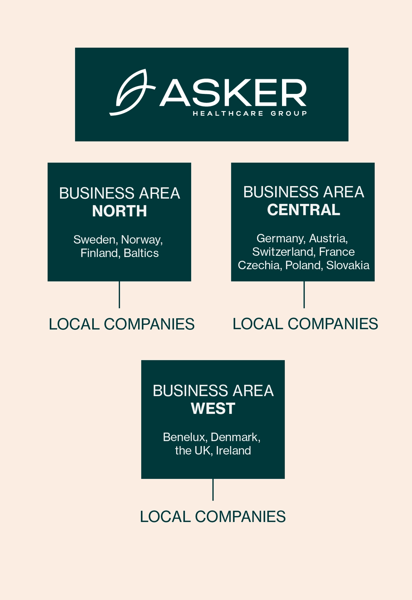 Flowchart of Asker Healthcare Group structure showing three areas: North, Central, and West, each with local companies.