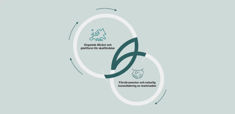 Infografik med två sammankopplade cirklar som illustrerar tillväxtstrategier: organisk tillväxt och förvärvsdriven marknadskonsolidering, med ikoner som representerar var och en. Texten är på svenska.
