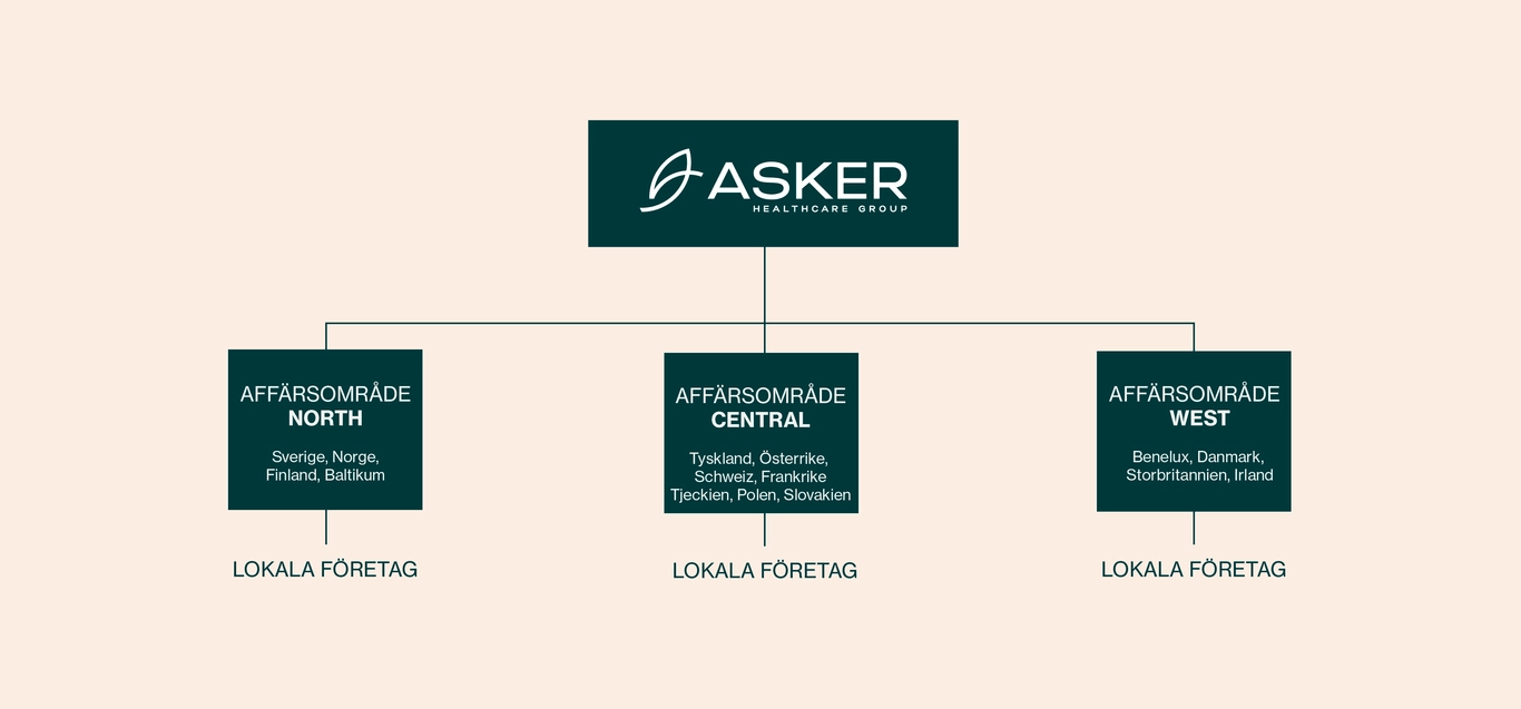 Organisationsdiagram som visar Asker Healthcare Group med filialer: Affärsområde Norra, Centrala och Västra, var och en länkar till "Lokala Företag.