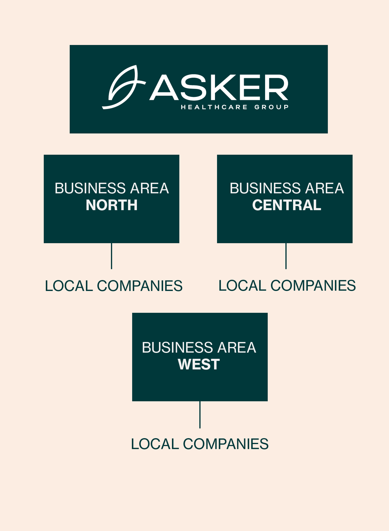 Flowchart of Asker Healthcare Group structure showing three areas: North, Central, and West, each with local companies.